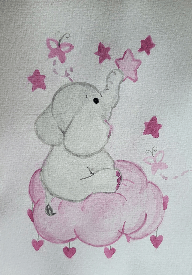 L'éléphant rose sur son nuage avec les étoiles