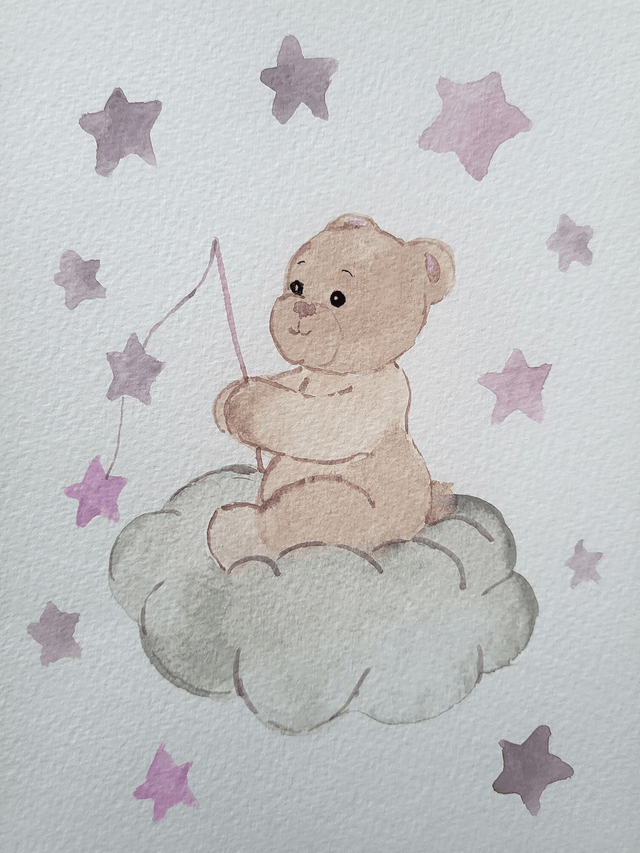 Le petit ours sur son nuage au milieu des étoiles 